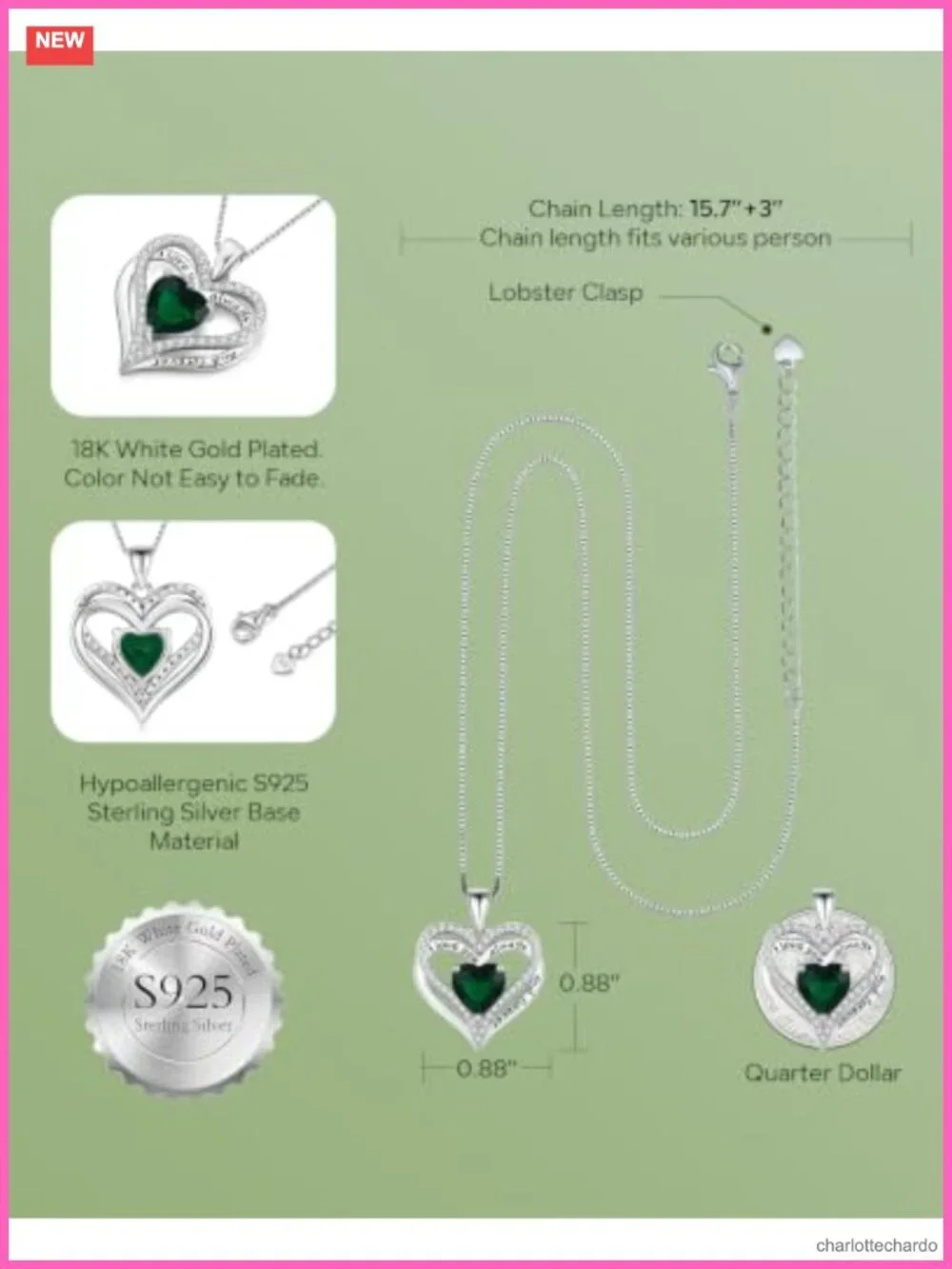 S925 Sterling Silver Heart Pendant Necklace I Love You Always Forever